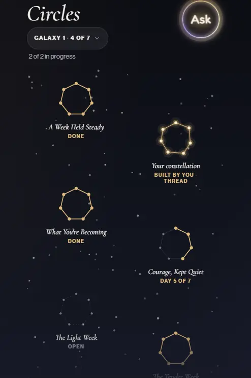 Full Circle Circles: seven-day constellations of words in a galaxy.