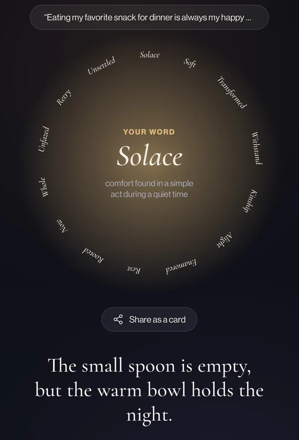 Today in Full Circle: the word Solace in the gold circle with its meaning, “comfort found in a simple act during a quiet time”, and its saying.